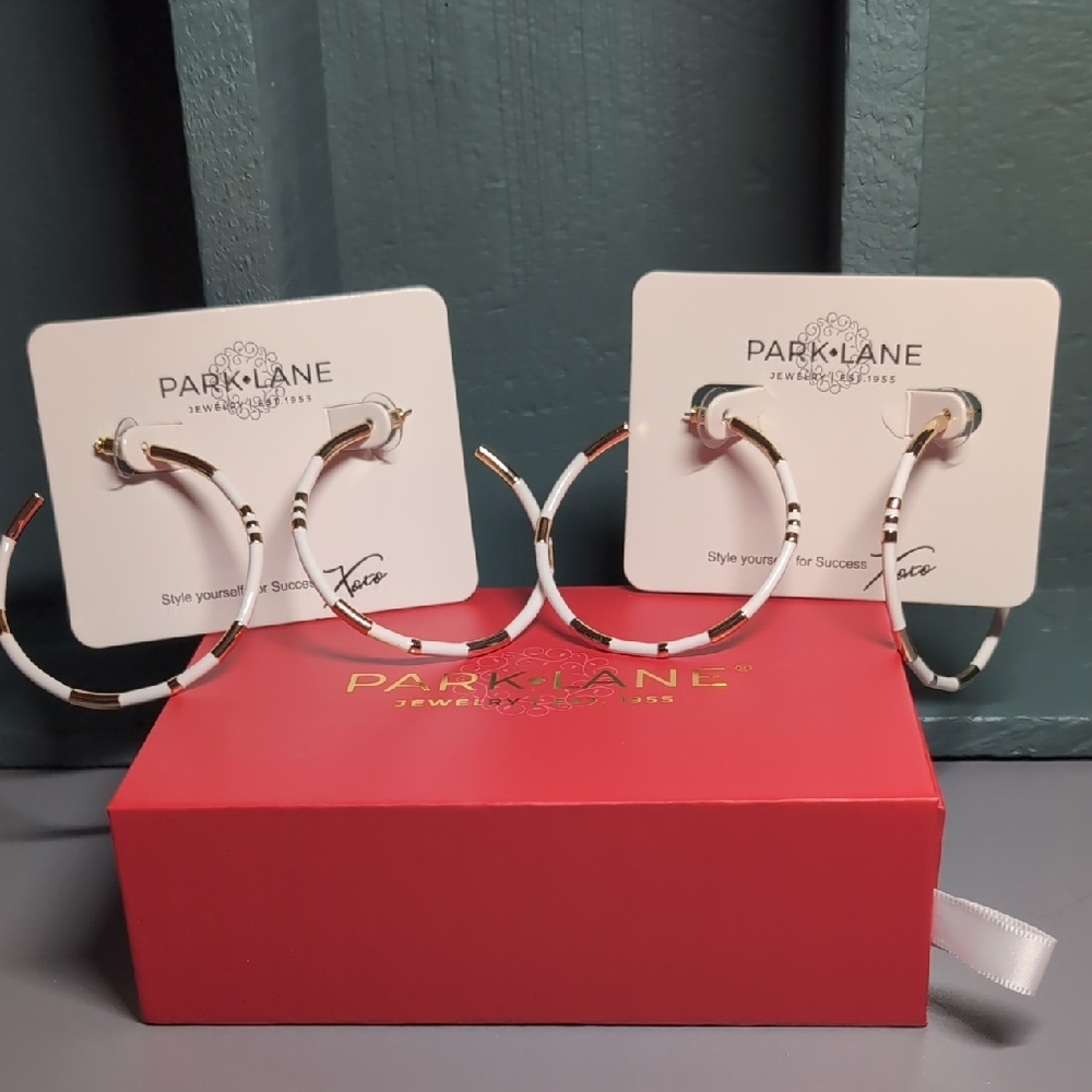 Park Lane Gold and White Striped Hoop Earrings. Paid $24 ea. Listing for $16 ea.